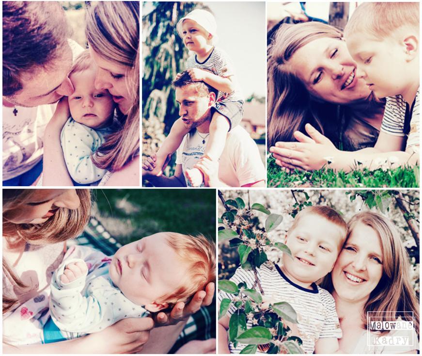 Mozaika zdjęć przedstawiająca rodzinę: mama, tata i dzieci w różnych ujęciach, w tym portrety, ujęcia z bliska i zdjęcia w plenerze, z delikatnym filtrem nadającym ciepły odcień.