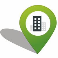 Zielony znacznik lokalizacji z ikoną budynków biurowych w Warszawie, symbolizujący wirtualne biuro.