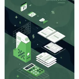 Graficzna ilustracja przedstawiająca elementy związane z finansami i księgowością, w tym kalendarz z datą 21, kalkulator, segregator z dokumentami, tablet, notatnik i arkusze kalkulacyjne, wszystko...