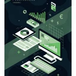 Graficzna ilustracja prezentująca analizę finansową i controlling z użyciem wykresów, pieniędzy, kalkulatora, tabletu i komputera z logo firmy Ergo Tax.