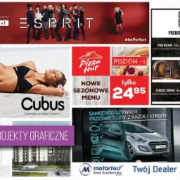 Kompozycja kolażu reklamowego z różnorodnymi ofertami: odzież Esprit, kostiumy kąpielowe Cubus, pizza Pizza Hut, promocje zimowe Gor Dun Hotel, samochód Hyundai oraz projekty graficzne.