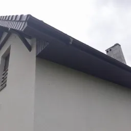 Fragment elewacji domu z widocznym wykończeniem dachu w kolorze grafitowym, obejmującym podbitkę, rynny i dachówkę, oraz komin w tle na tle pochmurnego nieba.