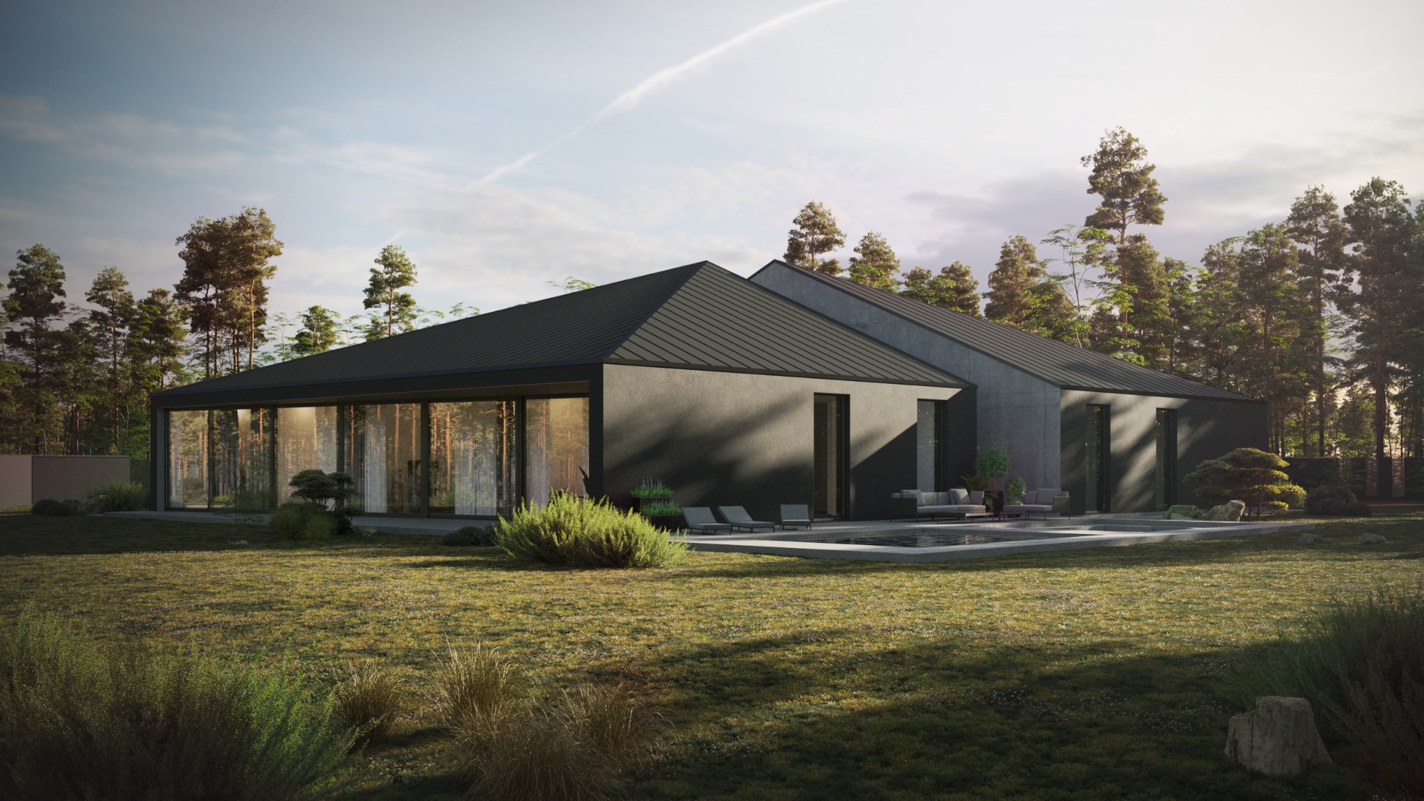 Nowoczesny dom jednorodzinny z ciemną elewacją i dużymi oknami, otoczony zielenią, z basenem i leżakami na zewnątrz, wizualizacja architektoniczna.