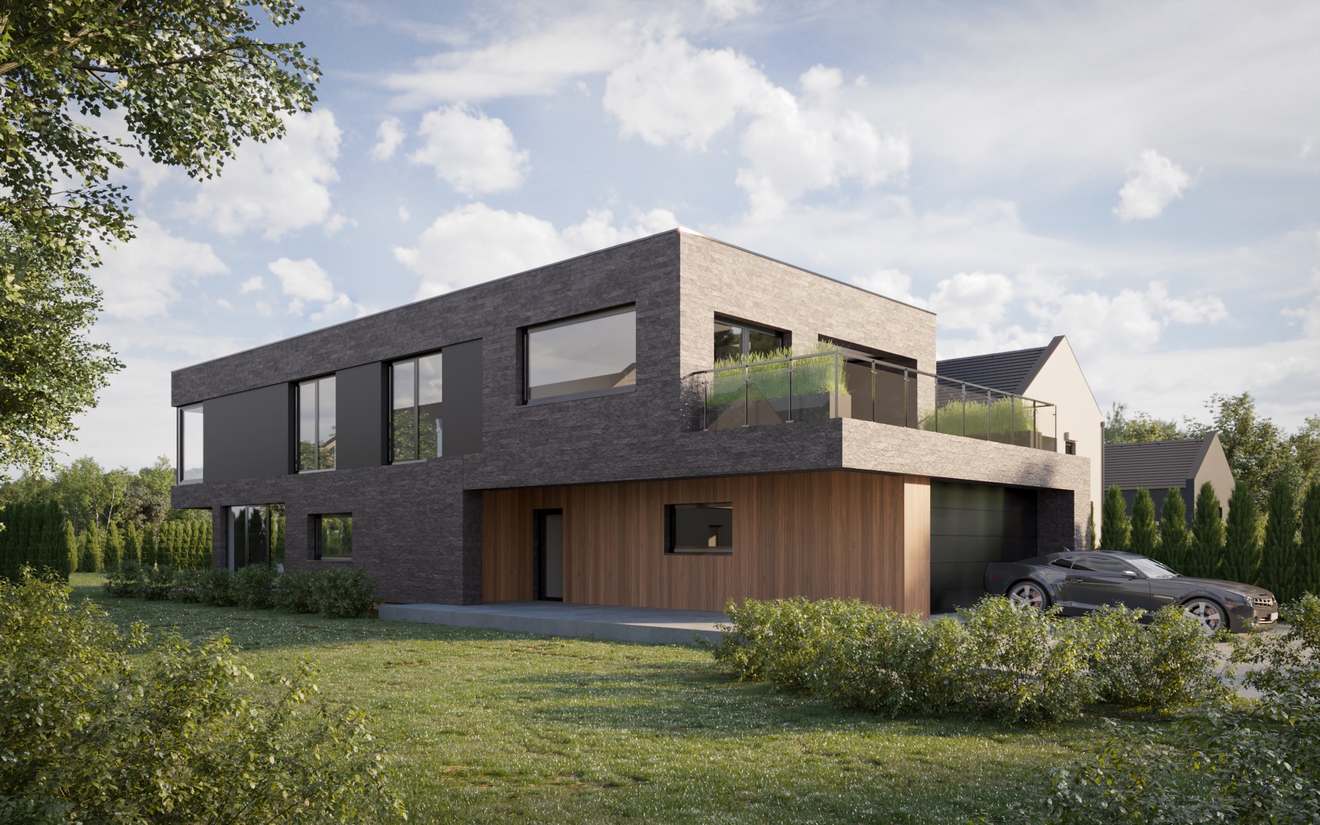 Dwukondygnacyjny dom w stylu nowoczesnej kostki, wykończony szarą cegłą i drewnianą okładziną, z płaskim dachem i balkonem z roślinami, garaż z czarną bramą i zaparkowany sportowy samochód na tle...