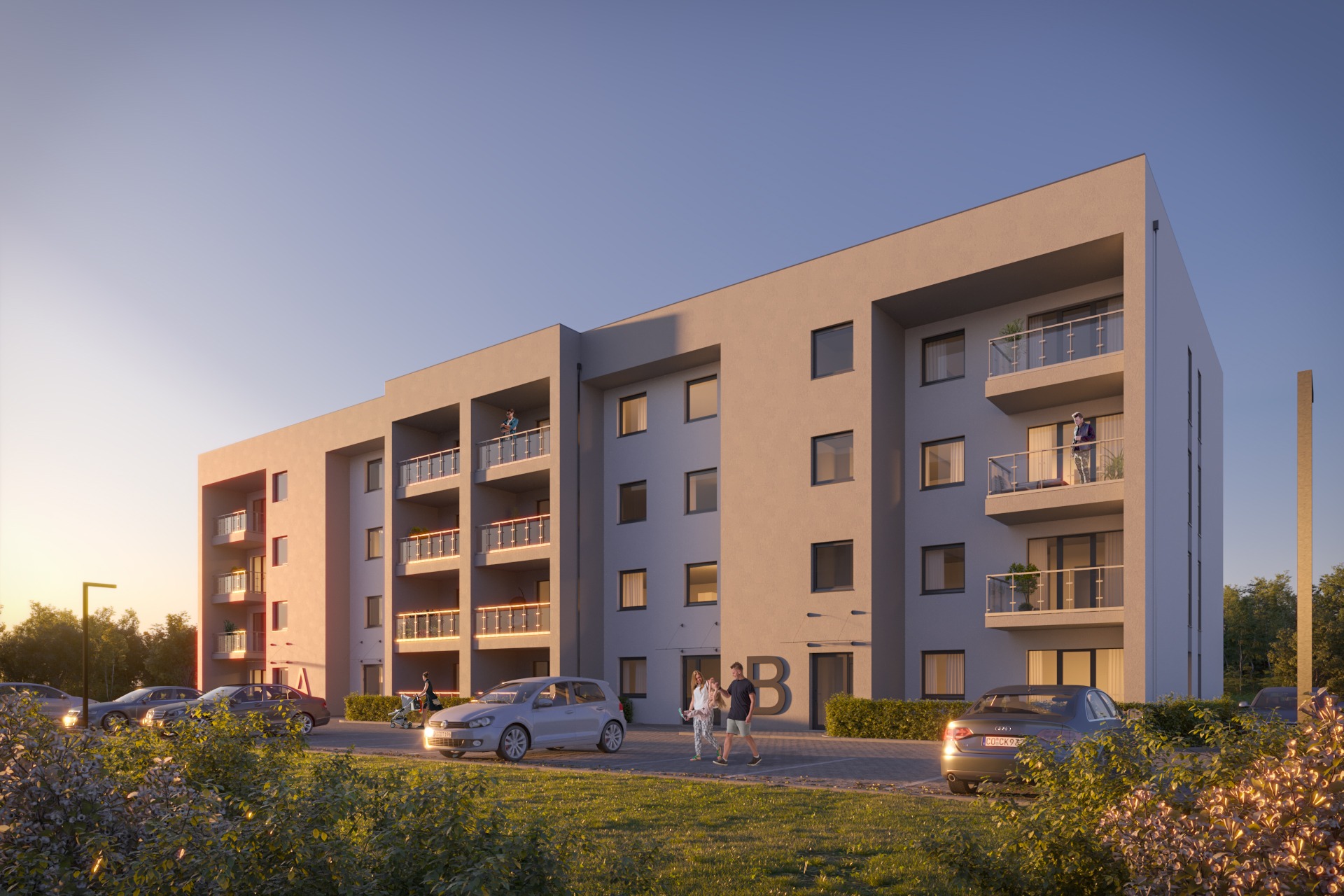 Wizualizacja nowoczesnego, wielopiętrowego budynku mieszkalnego z balkonami, z zaparkowanymi samochodami i spacerującymi osobami na pierwszym planie, w ciepłym świetle zachodzącego słońca.