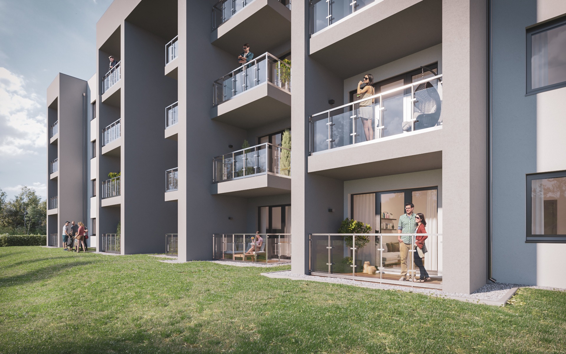 Wizualizacja budynku wielorodzinnego z balkonami, na których znajdują się postacie. Widoczny trawnik i fragment drzew.