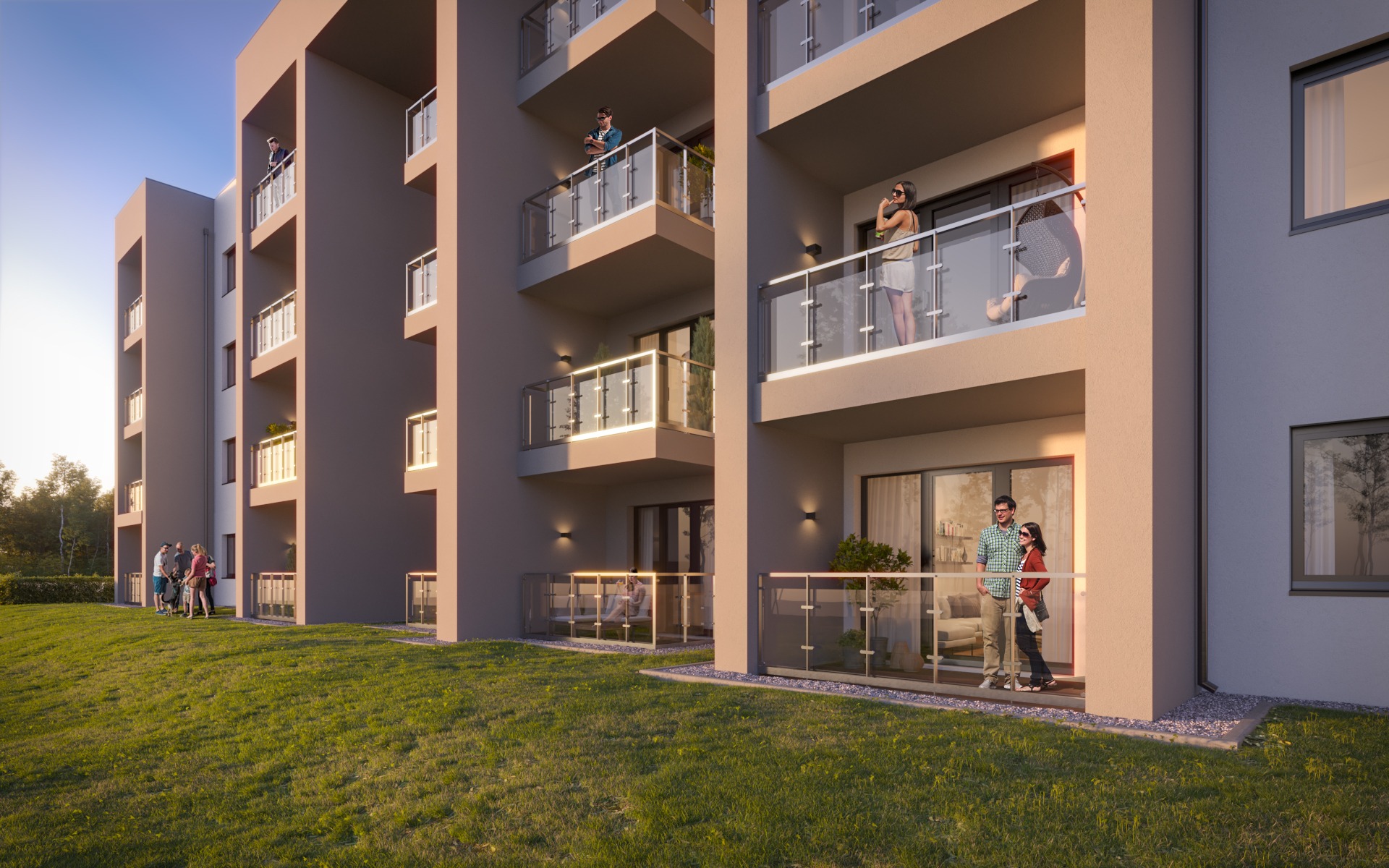 Wizualizacja nowoczesnego apartamentowca z balkonami, na których stoją postacie, z widokiem na trawnik i drzewa w tle.