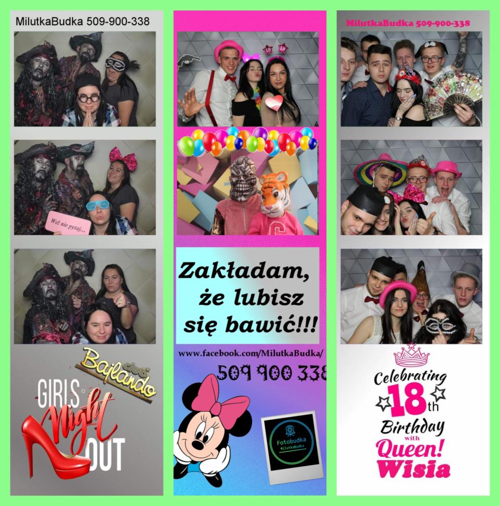 Kompilacja zdjęć z fotobudki: piraci, maski zwierząt, 18-te urodziny. Różnorodne rekwizyty i pozy, hasło 'Zakładam, że lubisz się bawić!!!' i dane kontaktowe.