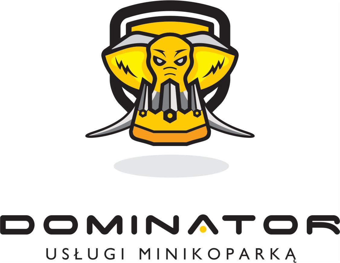 Logo firmy Dominator Usługi Minikoparką przedstawiające żółto-szaro-czarną, stylizowaną głowę robota-słonia z ostrymi kłami na białym tle.