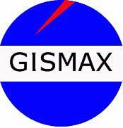 Logo firmy GISMAX: niebieski okrąg z białym paskiem pośrodku, na którym czarnymi literami widnieje nazwa firmy. Nad napisem, w górnej części okręgu, czerwony trójkąt.