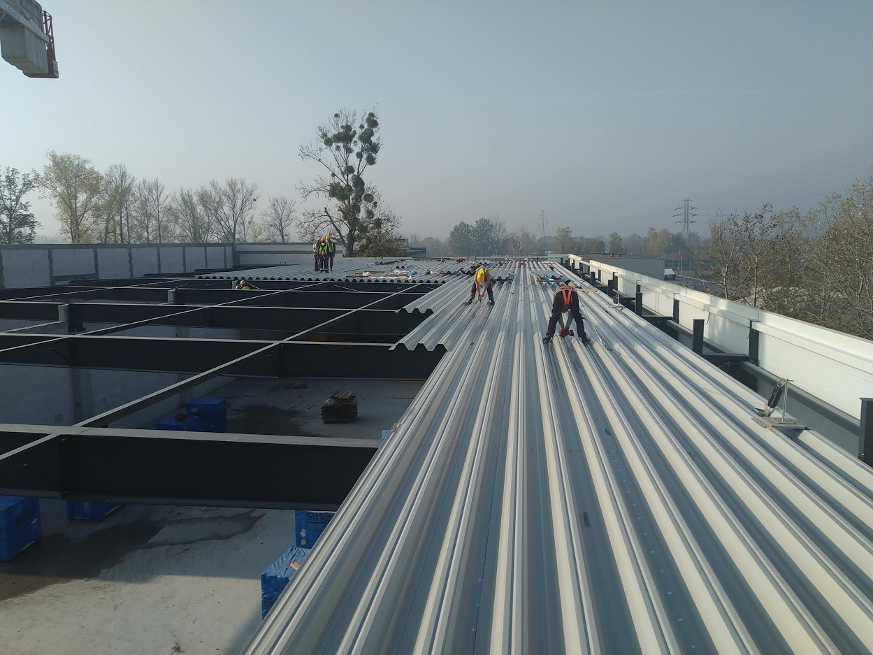 Montaż blachy trapezowej na konstrukcji stalowej dachu hali przemysłowej, widoczni dekarze w uprzężach, w tle drzewa i zamglone niebo.