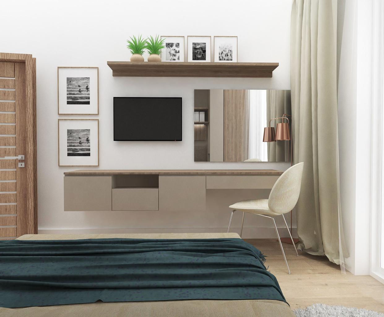 Nowoczesna sypialnia z beżowymi meblami na wymiar: szafka RTV pod telewizorem, toaletka z lustrem, drewniana półka z dekoracjami, minimalistyczne obrazy na ścianie i krzesło z metalowymi nogami.