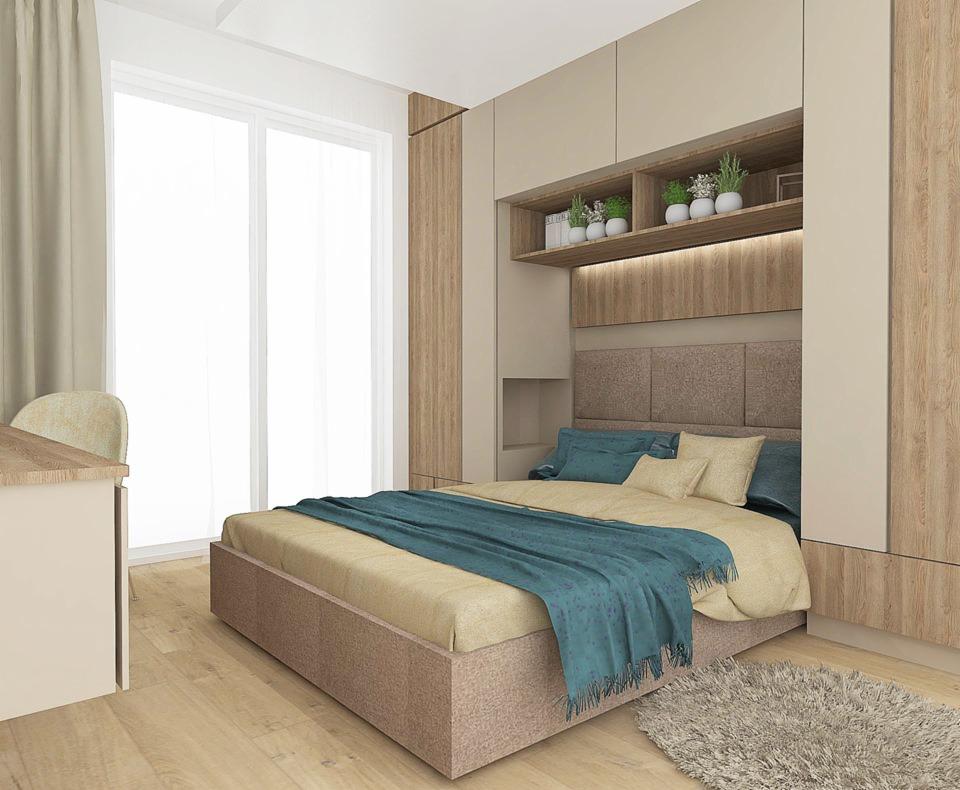 Nowoczesna sypialnia z łóżkiem wbudowanym w zabudowę meblową, z półkami nad wezgłowiem i oświetleniem LED, uzupełniona biurkiem z krzesłem i puszystym dywanem.