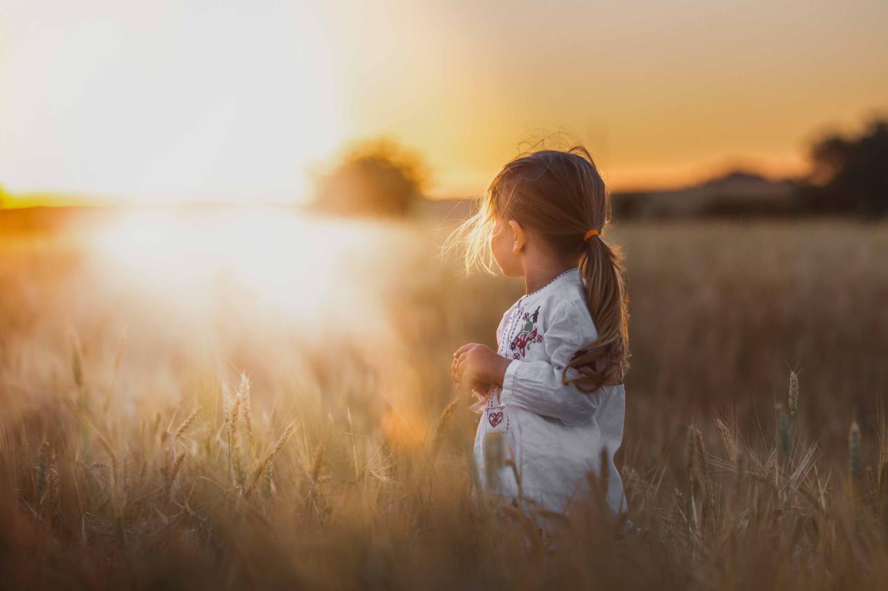 Dziewczynka w haftowanej koszuli, stojąca na polu zboża o zachodzie słońca, z włosami związanymi w kucyk.
