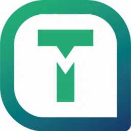 Logo z zieloną literą T w zaokrąglonej ramce z gradientem od zieleni do granatu.