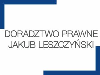 Grafika z napisem 'DORADZTWO PRAWNE JAKUB LESZCZYŃSKI' na białym tle, obramowana niebieskimi elementami w rogach.