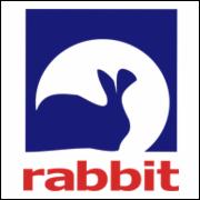 Logo firmy z białym wizerunkiem głowy królika na granatowym tle i czerwonym napisem 'rabbit' poniżej.