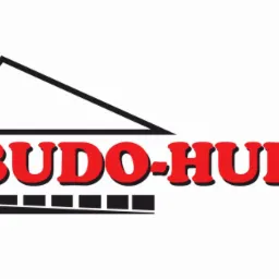 Logo firmy BUDO-HURT z graficznym przedstawieniem domu z dachem i fundamentami.