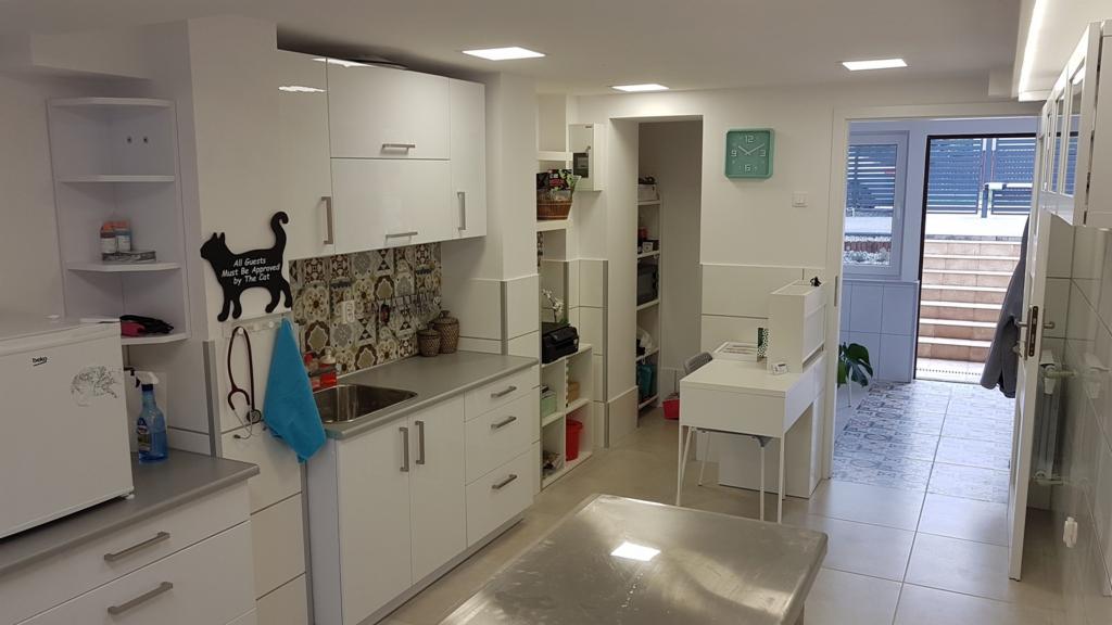 Wnętrze gabinetu weterynaryjnego z białymi meblami, stalowym stołem zabiegowym na pierwszym planie, dekoracyjną tabliczką z kotem i stetoskopem na ścianie oraz widokiem na schody prowadzące...