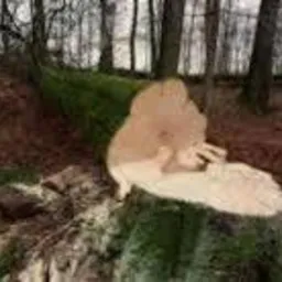 Świeżo ścięte drzewo leżące na ściółce leśnej, widoczny pień pokryty mchem i jasny przekrój pnia z widocznymi słojami.