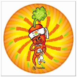 Ilustracja przedstawia kreskówkową postać marchewki w opasce na głowie, trzymającą małego królika, na tle żółto-pomarańczowych promieni z elementami przypominającymi marchewki. Logo 'hanito'...
