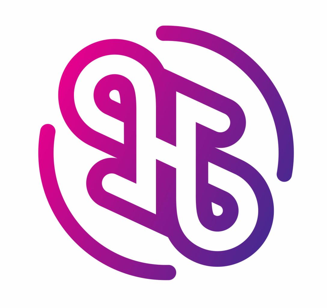 Abstrakcyjne logo z geometrycznych kształtów w odcieniach różu i fioletu na białym tle.