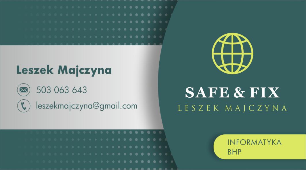 Wizytówka firmy informatycznej Safe & Fix Leszek Majczyna z numerem telefonu i adresem email na tle z motywem kropek i logiem przedstawiającym globus.