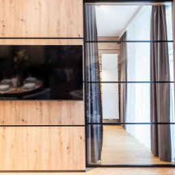 BB Fabrik - Nowoczesna, przeszklona ściana działowa z czarnymi profilami, oddzielająca pokoje. Widoczny telewizor na drewnianej ściance i zasłony w tle. Jasne wnętrze.