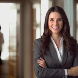 Uśmiechnięta kobieta w szarym garniturze, z rękami skrzyżowanymi na piersiach, stoi w jasnym biurze, z dwiema osobami w tle rozmawiającymi przy drzwiach.