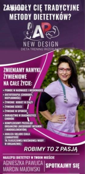 Plakat reklamowy z uśmiechniętą kobietą w stroju medycznym ze stetoskopem na szyi, prezentujący ofertę usług z zakresu dietetyki, w tym pomoc w nadwadze, dietoterapię, żywienie kobiet w ciąży...