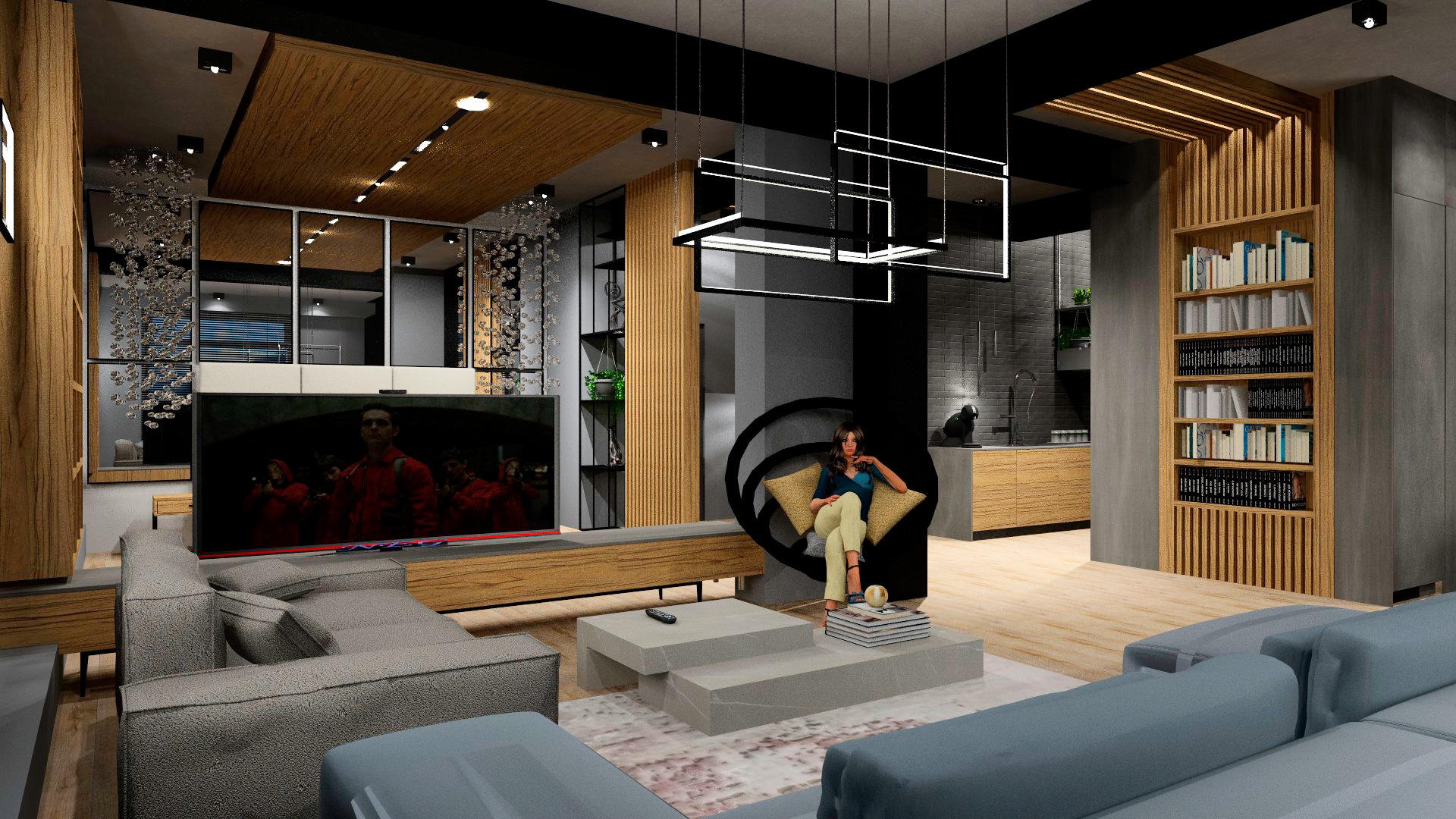Wizualizacja salonu z drewnianymi elementami dekoracyjnymi, szarą sofą i telewizorem wyświetlającym serial, oraz widoczną kuchnią w tle.