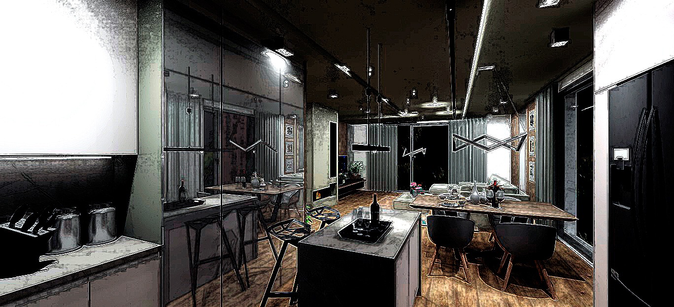 Wizualizacja nowoczesnego salonu z aneksem kuchennym, oświetlenie punktowe i dekoracyjne lampy, stół jadalny z krzesłami, wyspa kuchenna z barkiem.