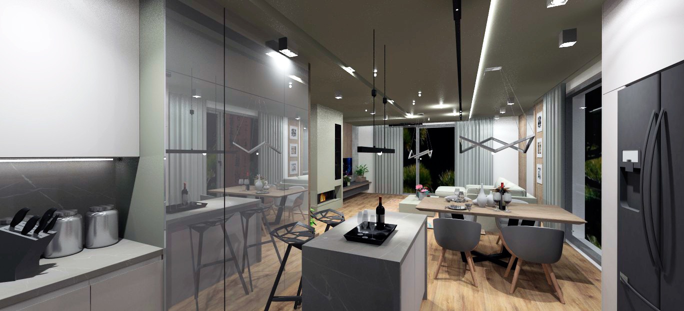 Wnętrze nowoczesnego mieszkania z otwartą kuchnią, jadalnią i salonem, z wyspą kuchenną, stołem jadalnym z szarymi krzesłami, minimalistycznym oświetleniem i dużym oknem z widokiem na zieleń.