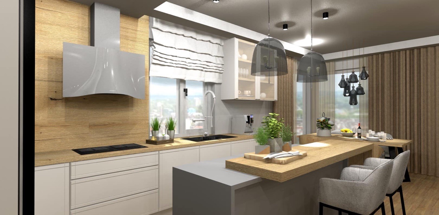 Wizualizacja nowoczesnej kuchni z drewnianymi akcentami, wyspą kuchenną i designerskimi lampami wiszącymi.