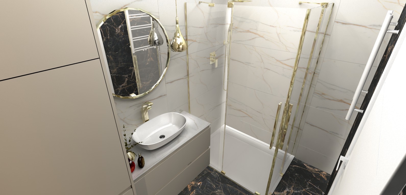 Nowoczesna łazienka z owalną umywalką nablatową, lustrem w złotej ramie, kabiną prysznicową ze złotymi profilami i marmurowymi płytkami.