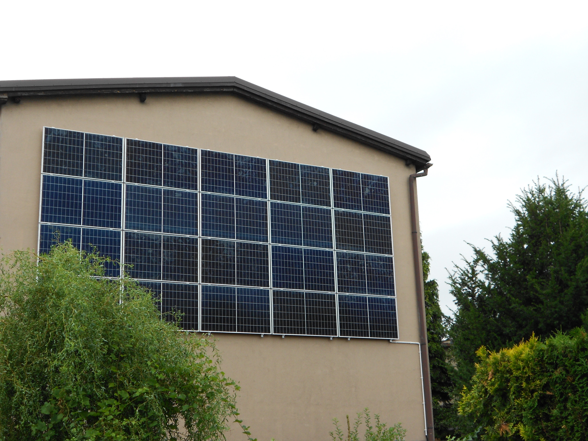 Panel słoneczny zamontowany na ścianie budynku, widoczny spod drzewa.