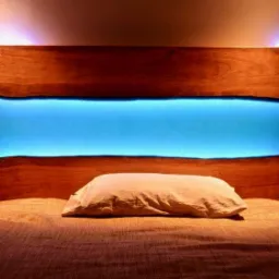 Drewniane wezgłowie łóżka z wbudowanym podświetleniem LED w kolorze turkusowym, o nieregularnym kształcie, na tle ściany z subtelnym fioletowym oświetleniem.