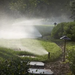 Zraszacze nawadniające trawnik w ogrodzie, widoczne ścieżki z kamienia i oświetlenie ogrodowe.
