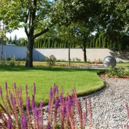 Starannie zaprojektowany ogród z równo przystrzyżonym trawnikiem, ścieżką z jasnego żwiru, kulistą rzeźbą i kwitnącą lawendą na pierwszym planie.