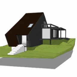 Wizualizacja 3D nowoczesnego domu z ciemną, skośną bryłą i białymi schodami wejściowymi, usytuowanego na zielonym, geometrycznym terenie.