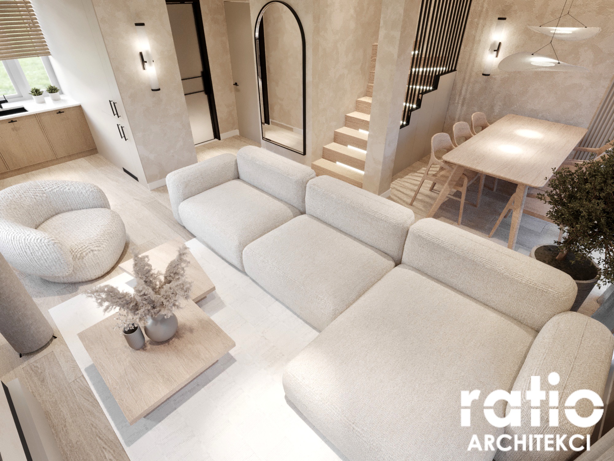 Salon w stylu japandi z narożną sofą w odcieniach beżu, drewnianym stolikiem kawowym z dekoracyjnym bukietem, schodami z podświetleniem LED i minimalistyczną jadalnią w tle.