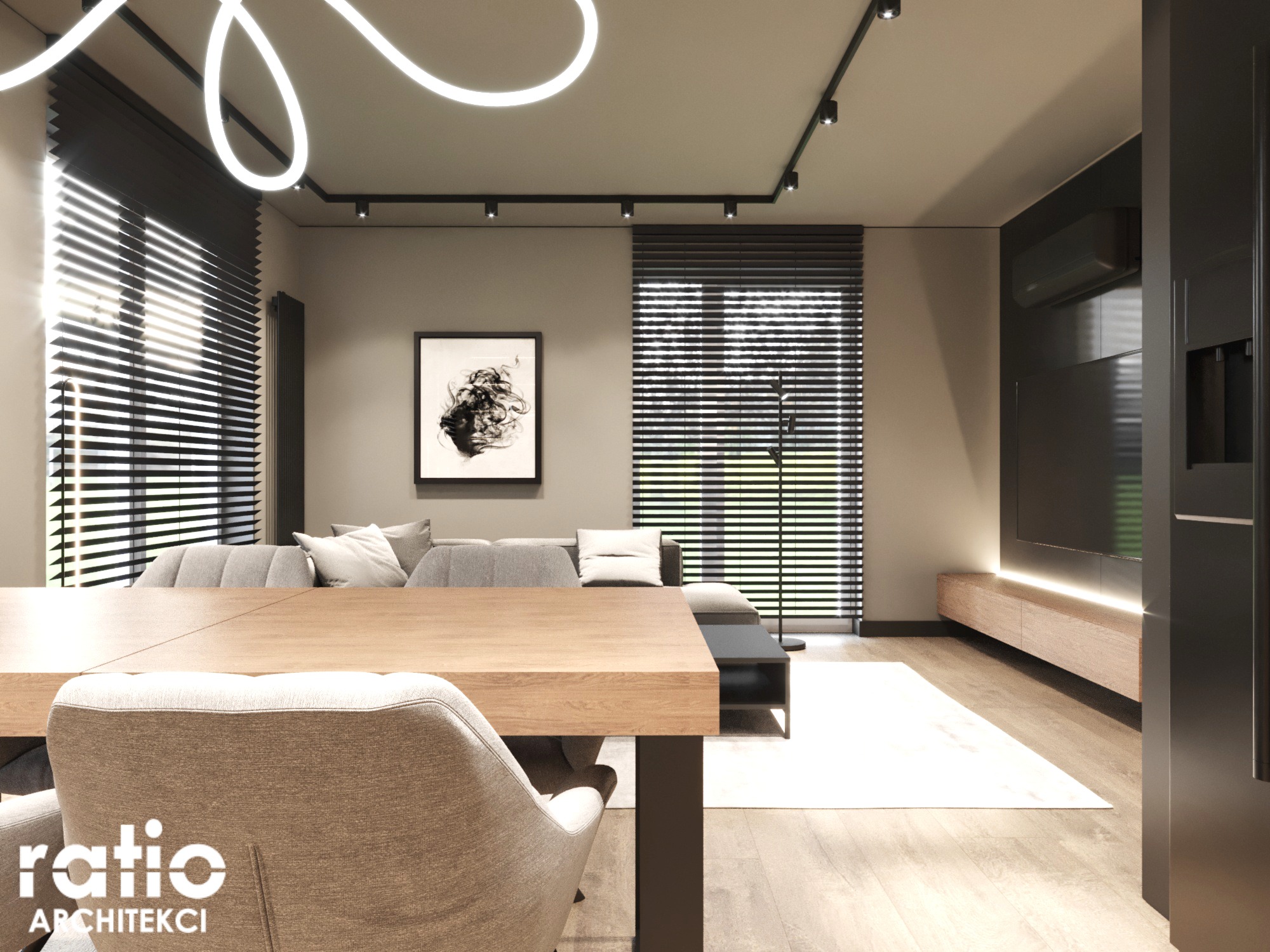 Nowoczesna aranżacja salonu w Krakowie z dużym drewnianym stołem, szarymi krzesłami, sofą w odcieniach szarości, minimalistycznym oświetleniem sufitowym i czarnymi żaluzjami w oknach.
