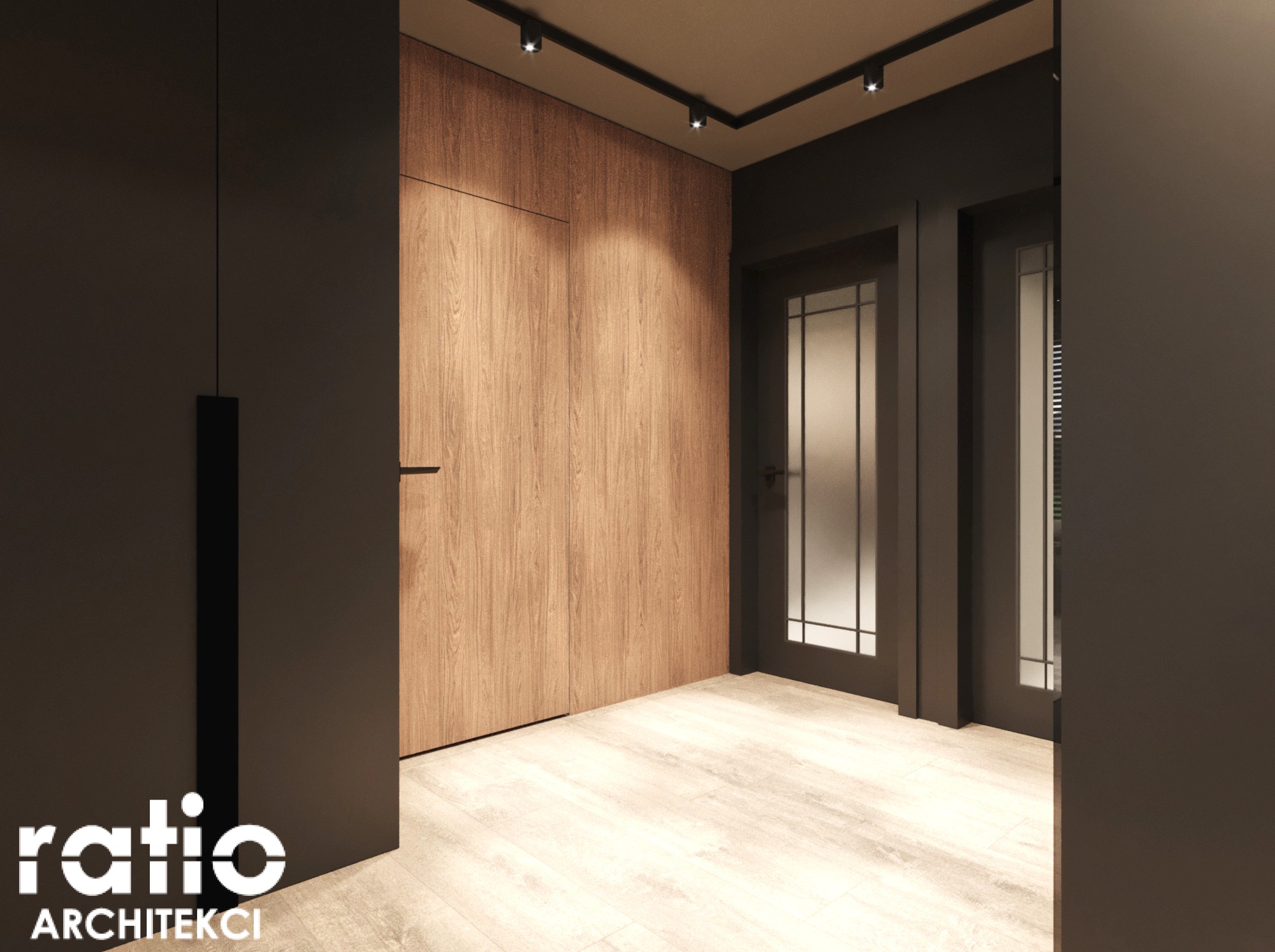 Nowoczesny korytarz z drewnianą zabudową szafy, ukrytymi drzwiami, oświetleniem punktowym na szynoprzewodzie i podłogą imitującą jasne drewno.