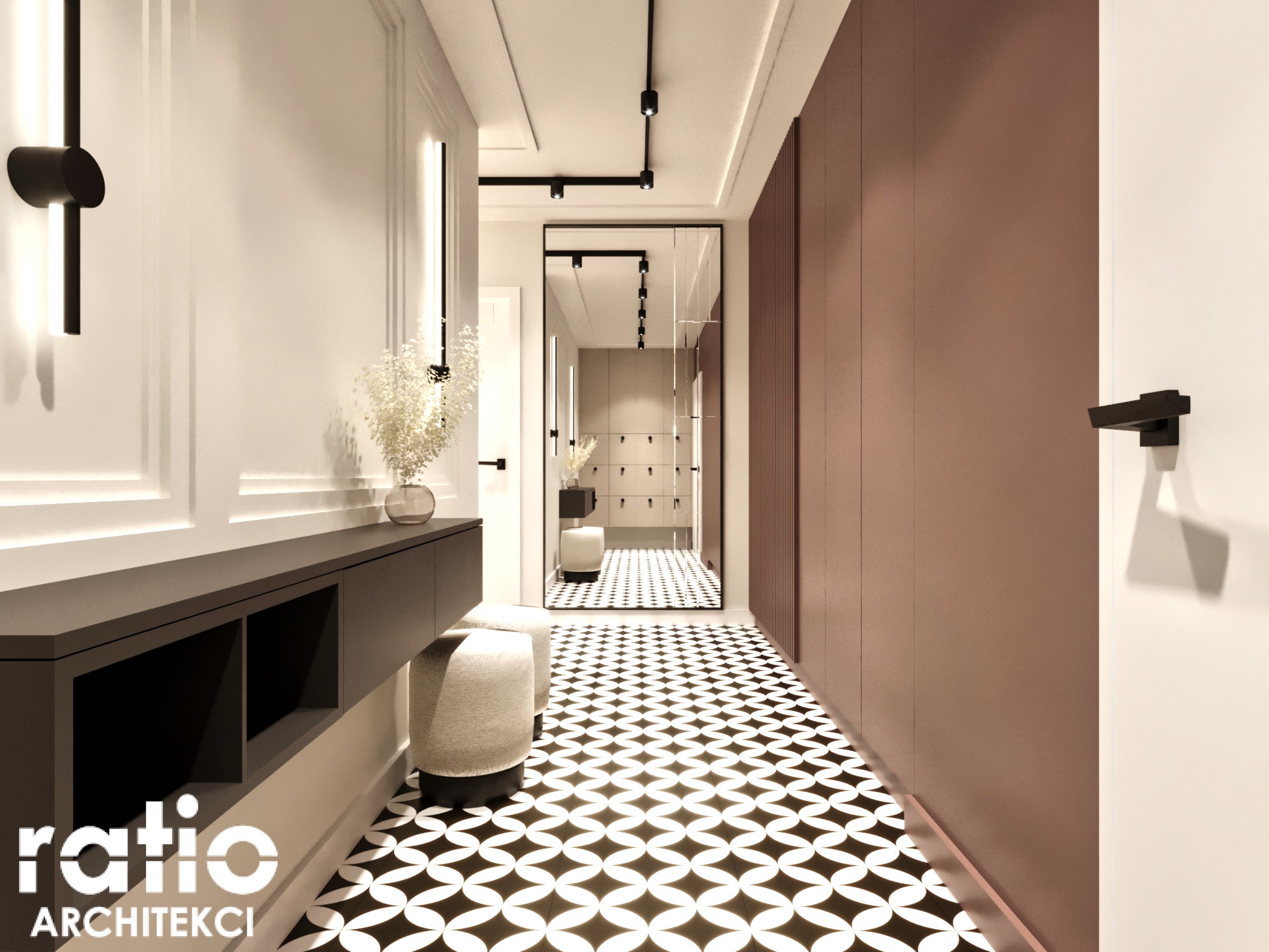 Nowoczesny przedpokój z geometryczną posadzką, konsolą z półkami i dekoracyjnym oświetleniem punktowym, widziany z perspektywy wejścia, z widocznym logo projektanta w lewym dolnym rogu.