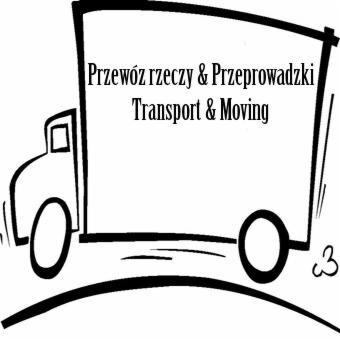 Szkic graficzny ciężarówki z napisem 'Przewóz rzeczy & Przeprowadzki Transport & Moving', stylizowany na rysunek dziecka.
