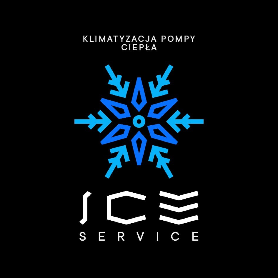 Grafika: logo ICE Service z motywem śnieżynki, napis 'Klimatyzacja Pompy Ciepła' na czarnym tle. Minimalistyczny design, chłodna kolorystyka.