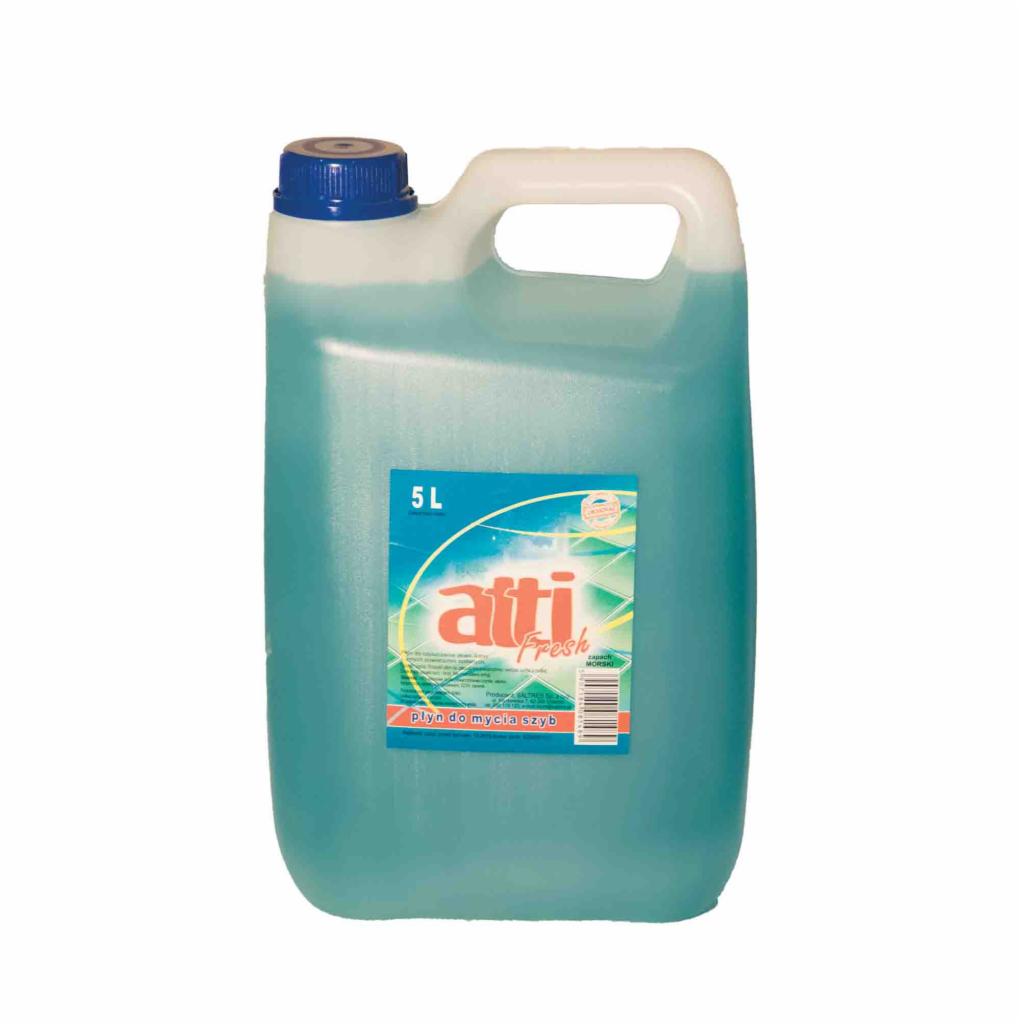 Pięciolitrowy kanister z turkusowym płynem do mycia szyb marki Atti Fresh, z niebieską nakrętką i białym uchwytem, na białym tle.