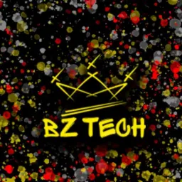 Grafika z żółtym logo korony i napisem BZ TECH na czarnym tle z kolorowymi plamkami.
