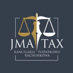 Logo firmy JMA TAX Kancelaria Podatkowo Rachunkowa przedstawiające szalę w kolorach złotym i białym, połączoną z piórem, na ciemnoszarym tle.