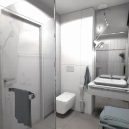 Wizualizacja nowoczesnej łazienki w odcieniach szarości i bieli z kabiną prysznicową typu walk-in, podwieszaną toaletą i umywalką nablatową z oświetleniem punktowym.